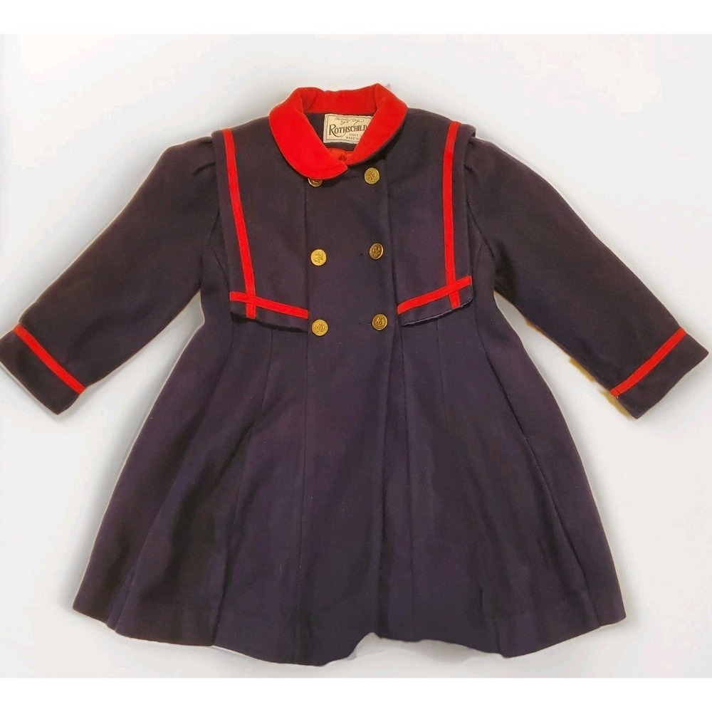 Vintage Rothschild Girls Wool Pea‎ Coat USA Union Made Size 5 Blue Red Christmas